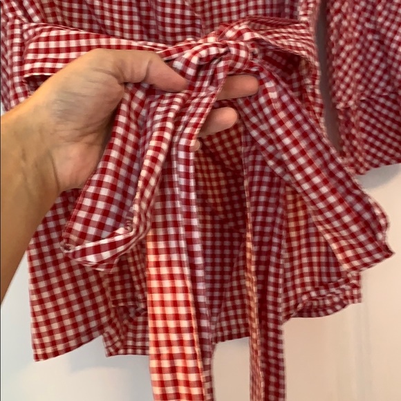 Red plaid wrap style blouse with bow - Picture 4 of 4